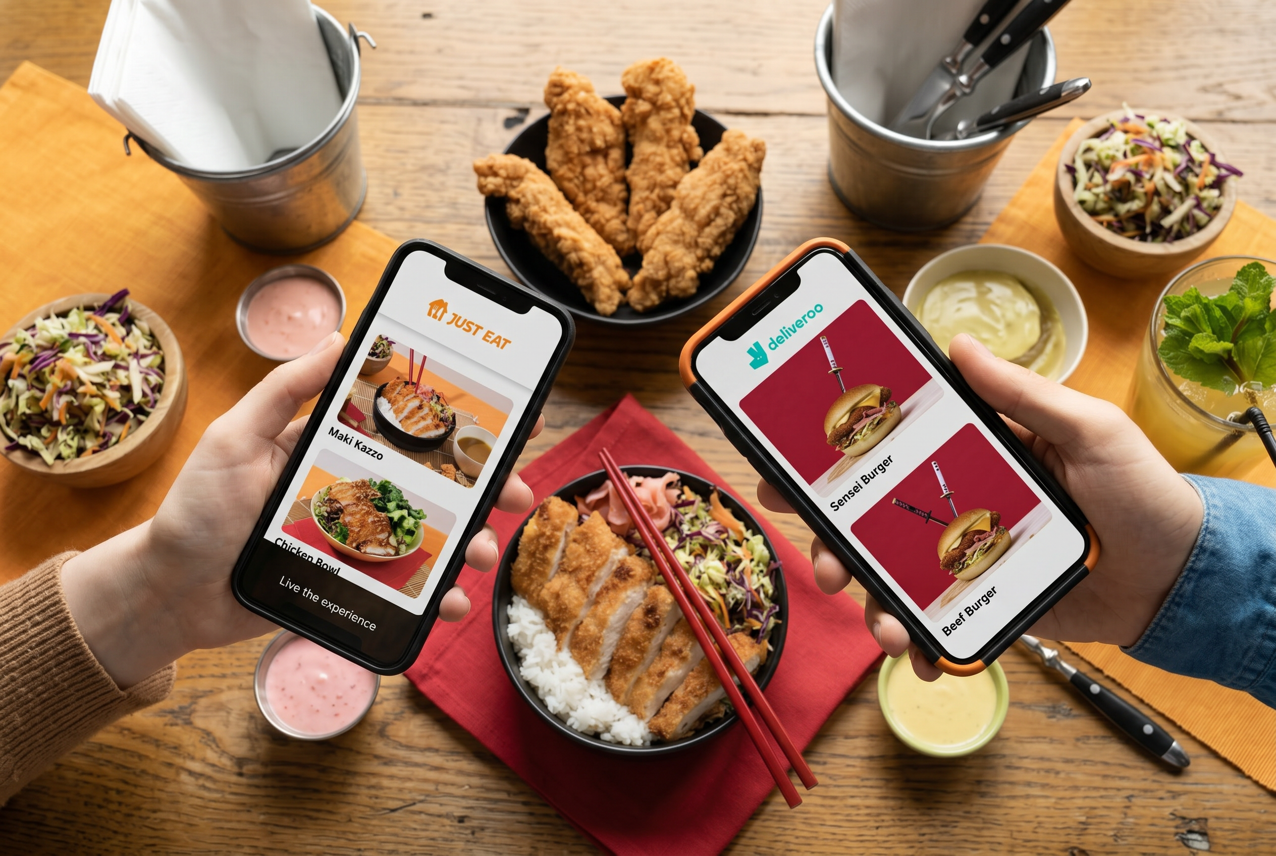 Two phones showing e-vittles delivery brands alongside food on a table.